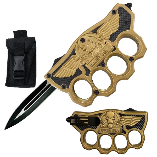 Biker USA Knuckle OTF KNIFE - Gold Handle