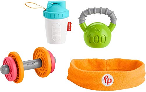 ''Fisher-Price Baby Biceps Gift Set, 4 fitness-themed baby TOYS with wearable costume bib, rattle and