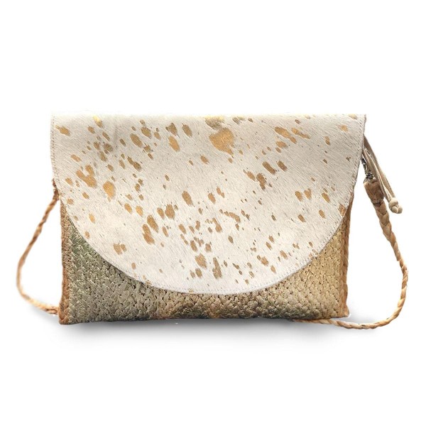 White Metallic Faux Fur And Braided Hemp Crossbody HANDBAG Featuring Wood Accents. - Features Magnet